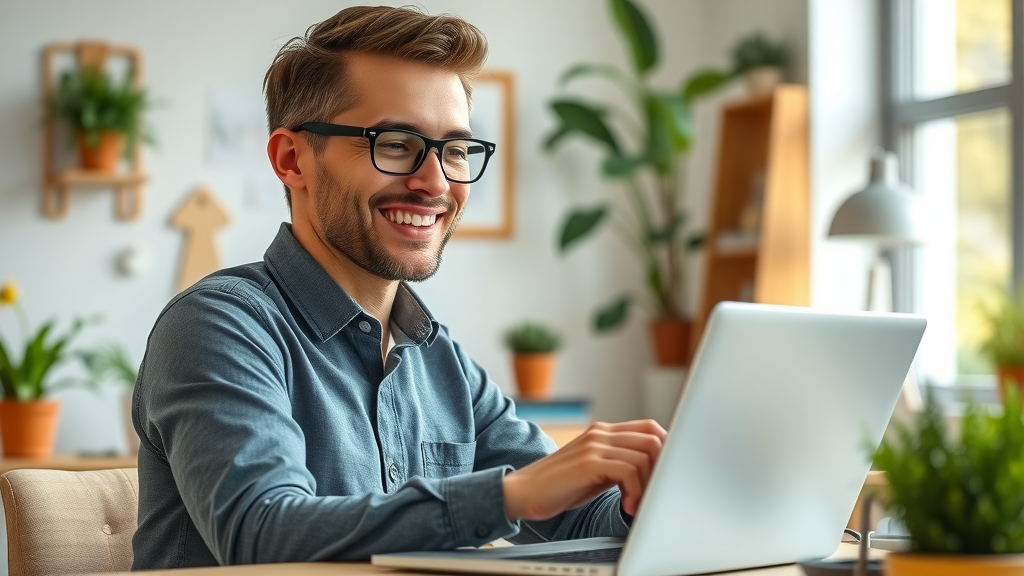 Small business owner confidently reviewing blog content in a bright, contemporary office with natural lighting and creative decor