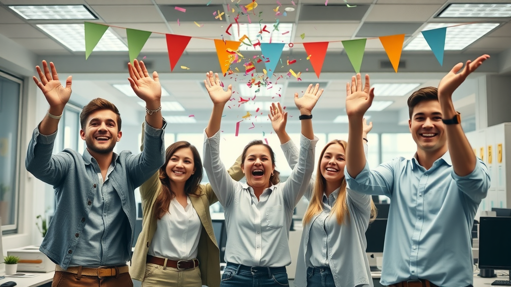 Small business team celebrating milestone, digital marketing idea on social media