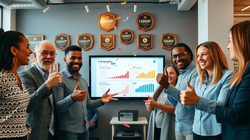 Brand team celebrating successful social media marketing results