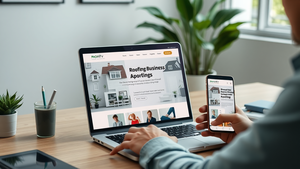 sleek roofing business website on laptop and smartphone showing responsive design - roofing seo and local seo