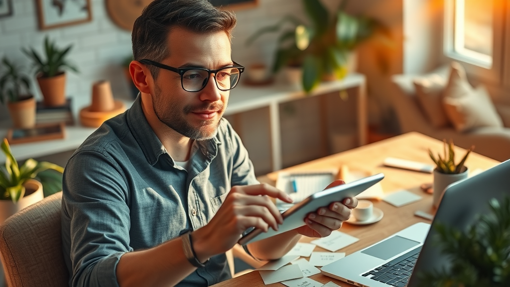 small business keyword research: Entrepreneur mapping keyword ideas on a digital tablet in a cozy workspace