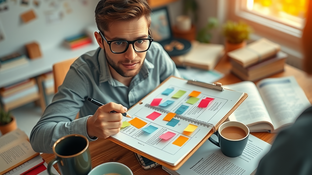 small business owner organizing blog post structure with sticky notes and notebook