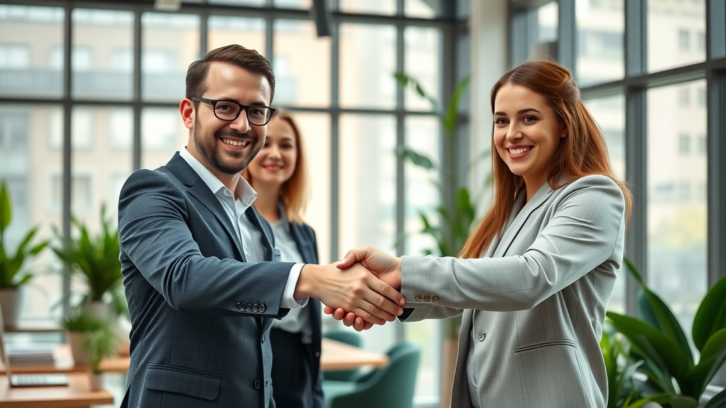 business professionals shaking hands after guest blogging partnership for driving traffic through small business blogs