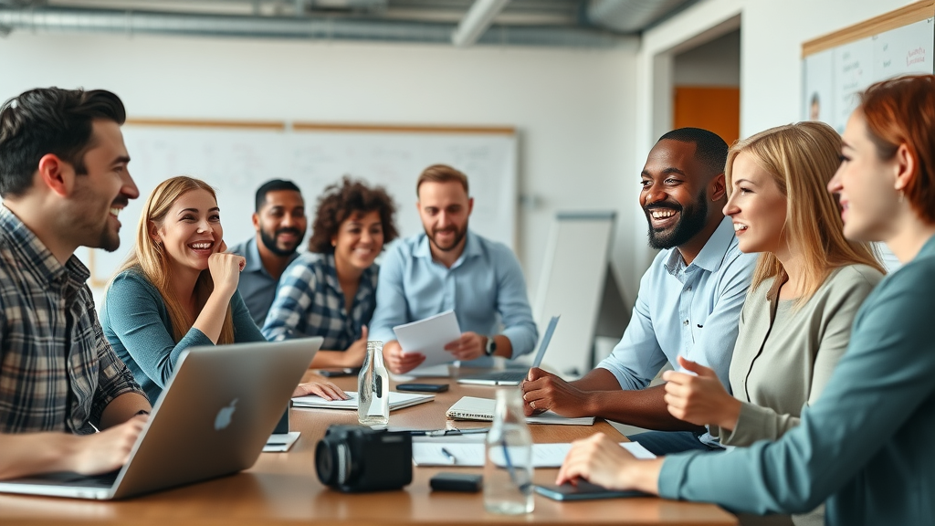 dynamic group of diverse bloggers discussing content marketing strategies in a contemporary office, working on laptops and whiteboards