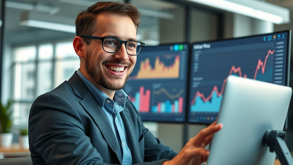 happy business owner analyzing rising website traffic from business blog