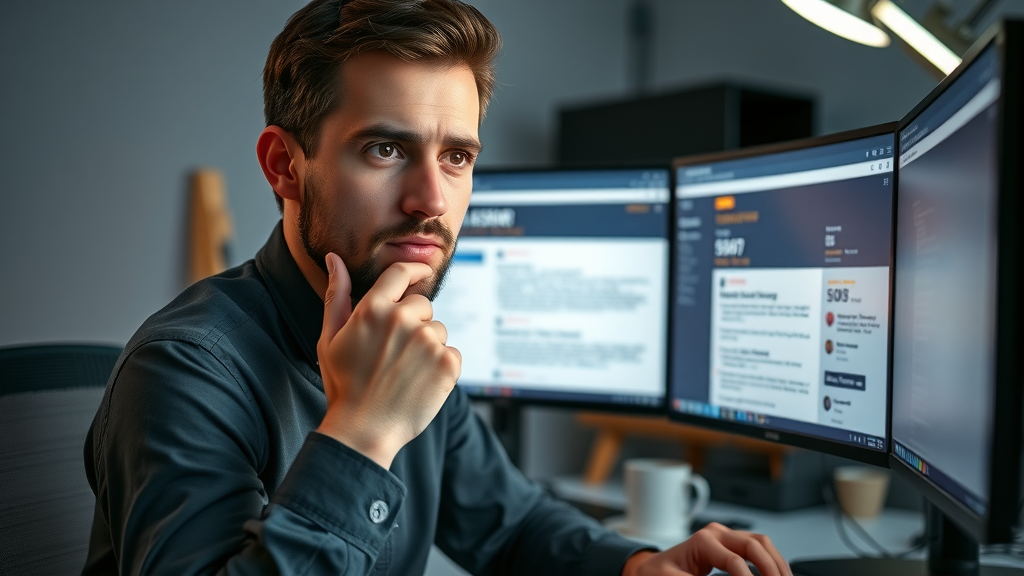 digital marketer optimizing blog post for featured snippet on dual monitors