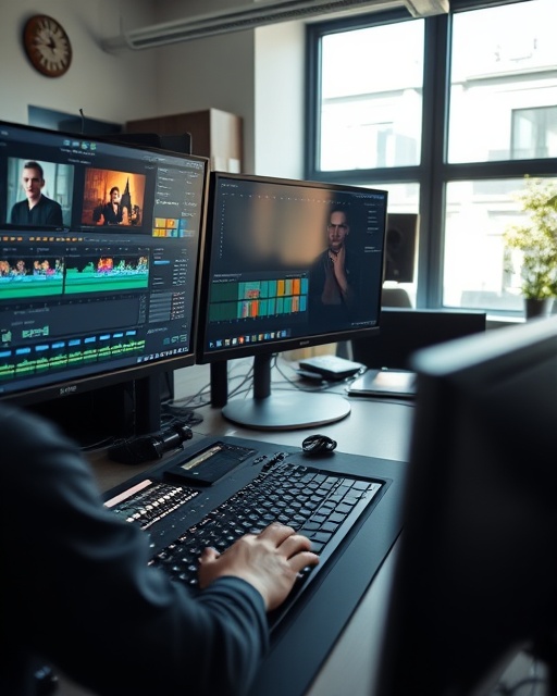 professional editing tools, concentrated, adjusting timelines, photorealistic, detailed office with multiple monitors displaying software, highly detailed, animated buttons and sliders, high resolution, muted tones, natural sunlight filtering through windows, shot with a macro lens