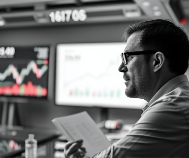 detailed pricing chart, insightful expression, analyzing, photorealistic, well-lit conference room with large screens, highly detailed, animated data points, vivid clarity, monochrome with pops of red, balanced lighting, shot with a 24mm lens.
