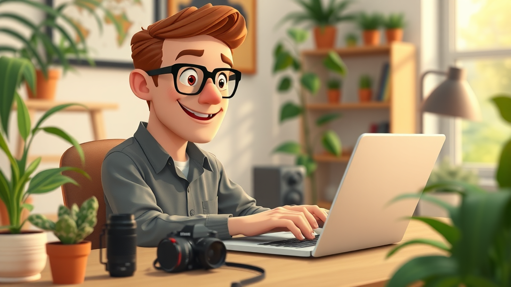 content marketing - skillful content creator producing engaging blog post in a cozy home office with creative elements and digital marketing tools
