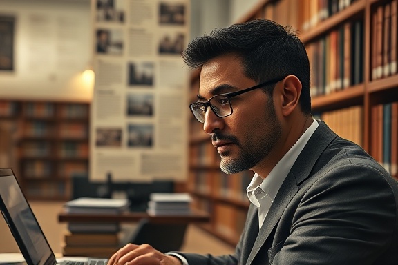 detailed testimonial data, contemplative, scrutinizing, photorealistic, library setting with books and digital devices, highly detailed, scrolling text and graphics, rendered with fine detail, sepia tones, warm accent lighting, shot with a 85mm lens