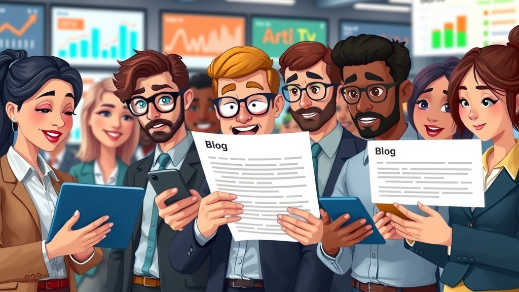 Diverse business audience engaging with blog post content, benefits of blogging for reader interaction