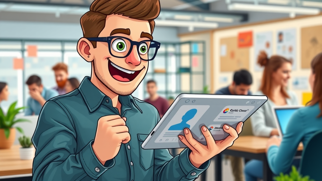 Marketer enthusiastically monitoring blog shares and comments on a tablet during a lively team campaign