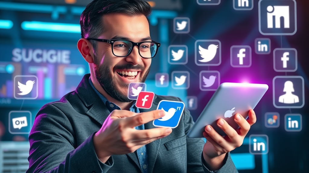 Digital marketer promoting blog content via social media for SEO visibility