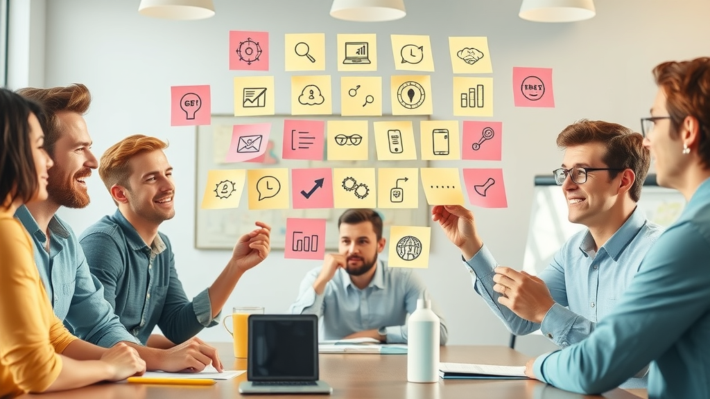 content marketing success team planning with sticky notes and digital marketing icons