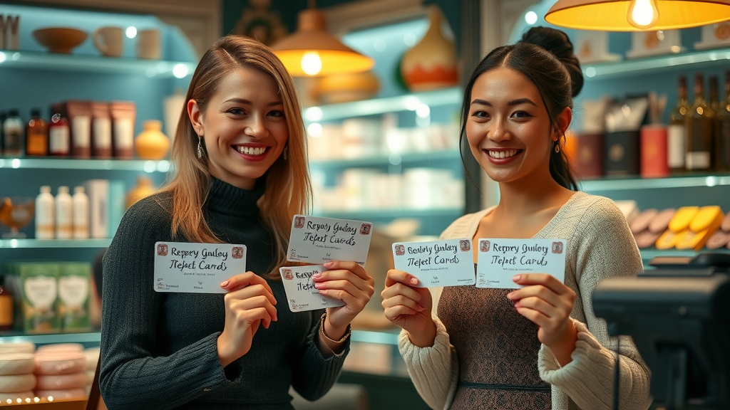 Happy repeat customers with loyalty cards rewarded at small business cash register