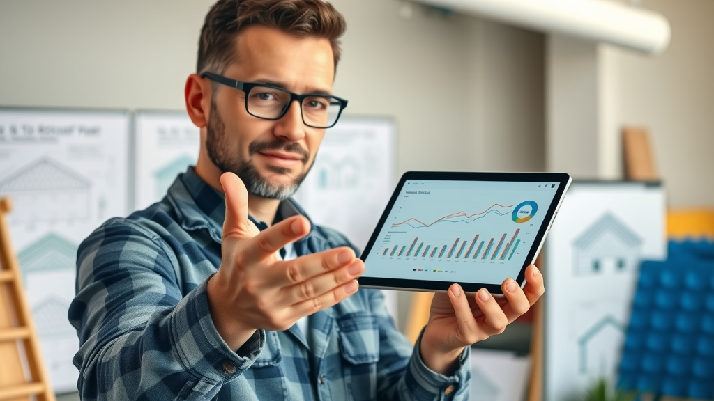 modern roofing contractor gesturing towards digital tablet analytics roofing business marketing