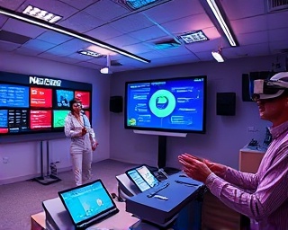 advanced assistant virtual, immersive, guiding through virtual tasks, photorealistic, digital classroom with interactive boards and VR headsets, highly detailed, virtual reality elements and interactive modules, 4K resolution, multicolored, studio lighting, shot with a fisheye lens