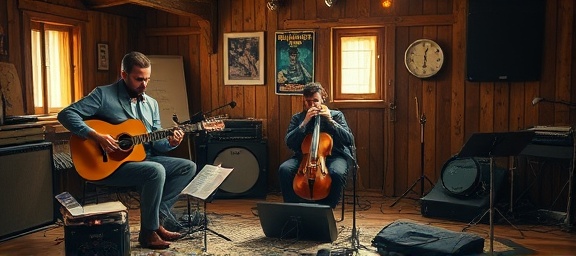 inspiring revival demo, hopeful mood, musicians rehearsing, photorealistic, in a rustic studio with instruments scattered around, highly detailed, sheets of music and cables, sharp image quality, earthy colors, soft ambient lighting, shot with a macro lens.