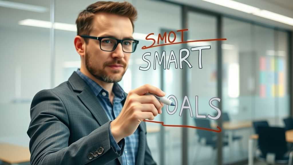 small business entrepreneur setting marketing goals on a glass wall