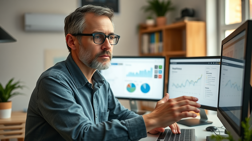 thoughtful blogger reviewing audience personas and analytics for personalized content strategy