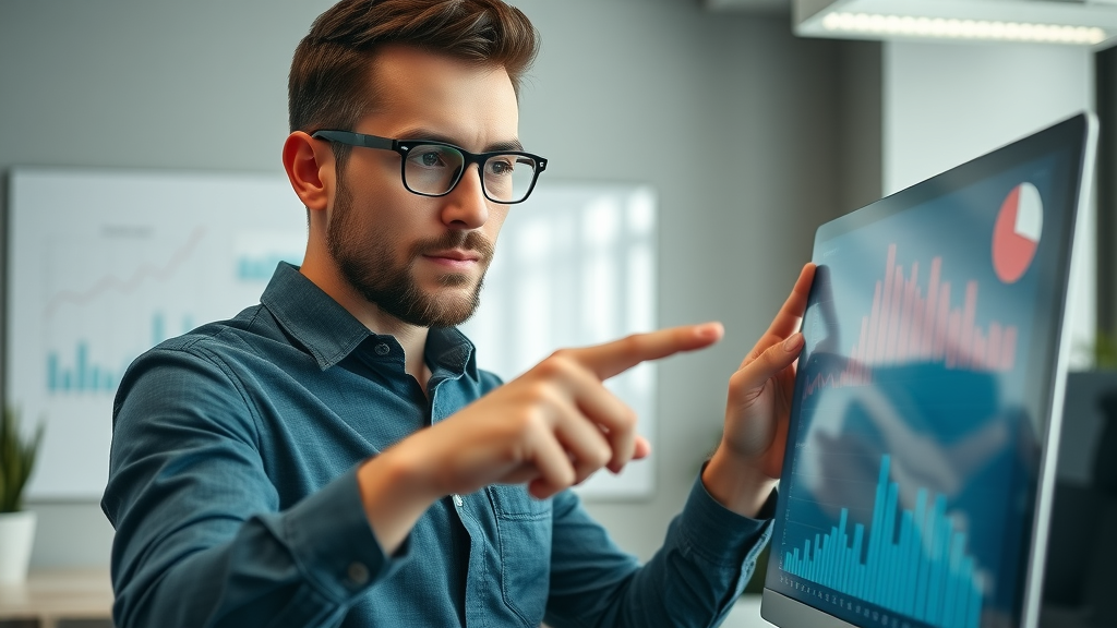 Entrepreneur analyzing digital marketing statistics for small business, focused office