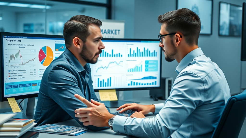 digital marketing strategies - market analyst reviewing competitor data, studying charts and graphs on digital monitors