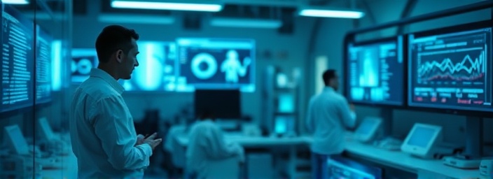 innovative testimonial analysis, thoughtful, deducing, photorealistic, tech-lab environment with holographic displays, highly detailed, shifting data visuals, created with perfect clarity, muted colors, cool fluorescent lighting, shot with a 16mm lens