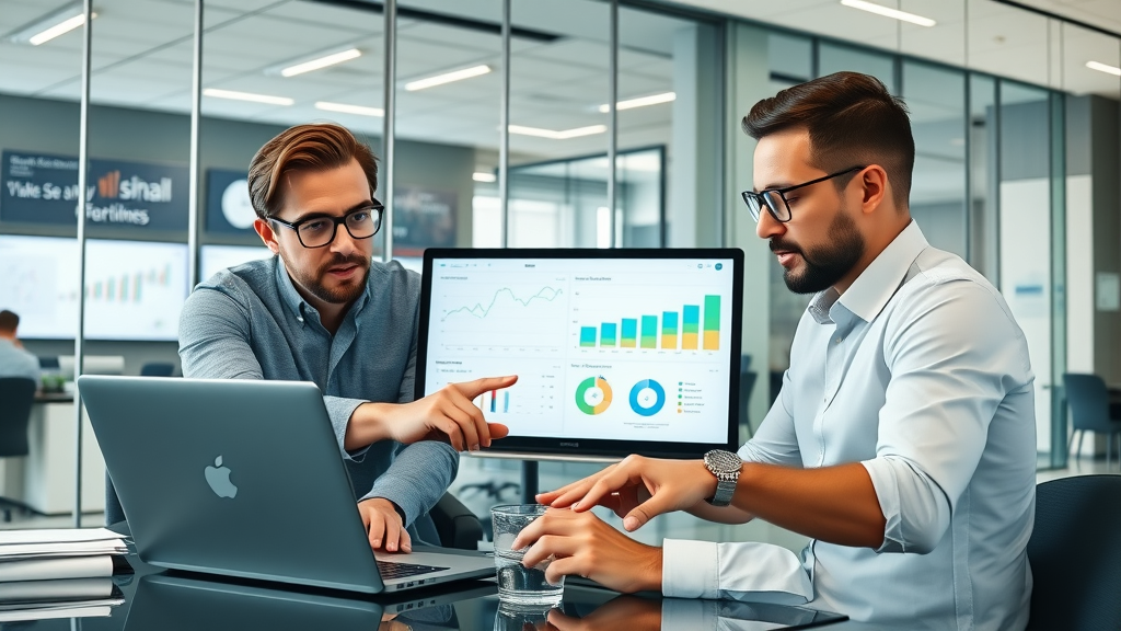 digital marketing strategies - dynamic business team analyzing marketing data on digital screens, confident, collaborating with laptops and analytics dashboards, modern office