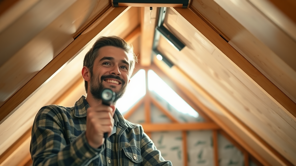 Roof repair near me modern cheerful homeowner inspecting roof through attic hatch