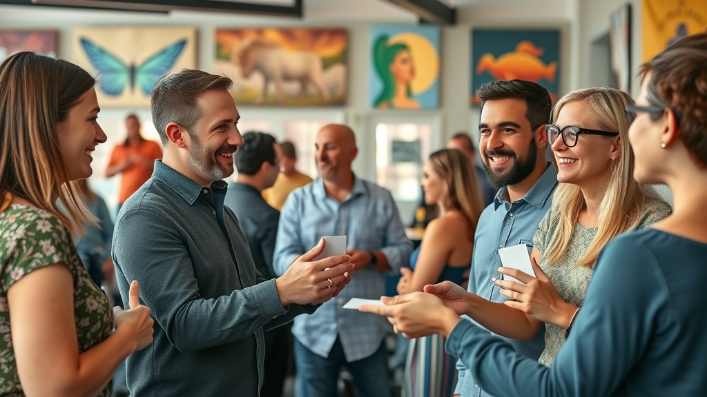 local seo small business owners networking building backlinks at community event