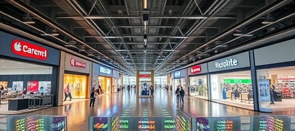 holistic retail growth, reflective, conceptualizing, photorealistic, expansive commercial hub with interconnected stores, highly detailed, virtual reality demonstrations and user metrics, sharp focus, bright colors, overhead lighting, shot with an ultra-wide lens.