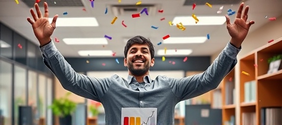 successful SEO ranking, triumphant expression, celebrating an analytics report, photorealistic, office environment with celebration decorations, highly detailed, confetti falling from above, beautifully clear, natural color harmony, overhead lighting, shot with a 24mm lens.