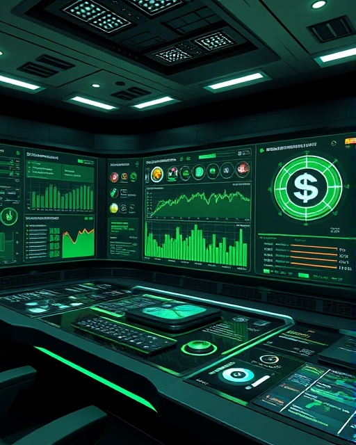 innovative assistant dashboard, dynamic, displaying real-time data, photorealistic, futuristic control room with holographic displays, highly detailed, real-time analytics and notifications, ultra-high definition, green and silver, ambient LED lighting, shot with a wide-angle lens