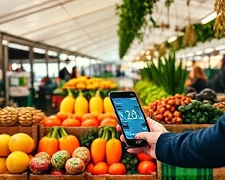 forward-thinking retail growth, insightful, predicting, photorealistic, open outdoor farmer's market with digital price tags, highly detailed, handheld devices analyzing produce popularity, full frame, autumn colors, natural daylight, shot with a 24mm lens.