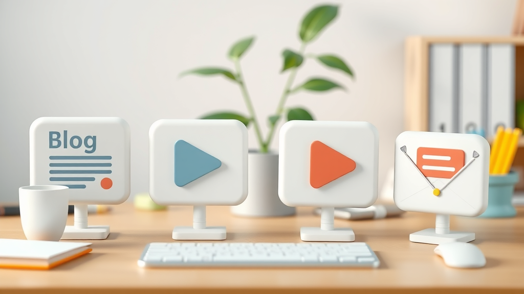 animated icons for types of content marketing: blog, video, infographic, email, social media
