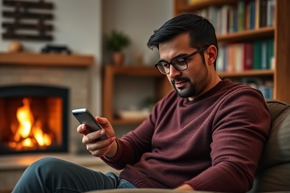engaging review reply, curious, reading customer comments on a smartphone, photorealistic, in a comfortable living room with a fireplace and bookshelf, highly detailed, flickering firelight, 105mm lens, neutral tones, soft ambient light, shot with a telephoto lens.