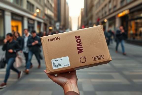 efficient custom parcel, securely packaged, being delivered by hand, photorealistic, in a bustling urban setting with pedestrians in motion, highly detailed, showing material sturdiness and branding, neutral tones, evening soft lighting, shot with a Nikon Z 24-70mm f/4 S lens.