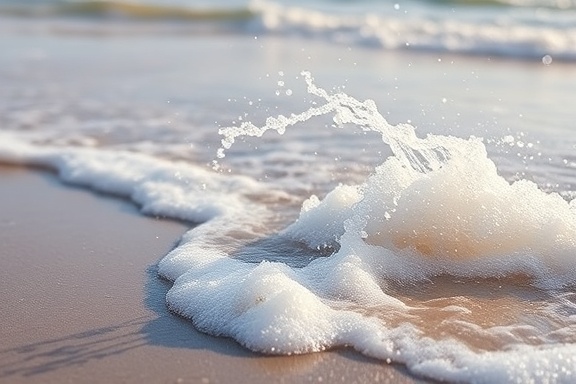 harmonic lead revival, serene expression, resonating with vitality, photorealistic, on a tranquil beach with gentle waves, highly detailed, water spraying lightly in the air, high definition, pastel blues and pinks, sunlit ambiance, shot with a macro lens.
