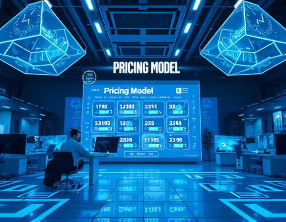 futuristic pricing model, innovative expression, strategizing, photorealistic, modern office space with digital displays, highly detailed, interactive holograms, sharp resolution, cool blue hues, ambient lighting, shot with a 50mm lens.