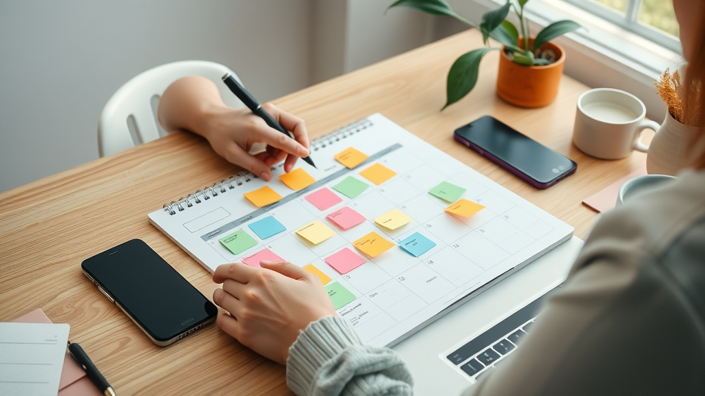 organized content creator planning a digital content calendar with sticky notes and laptop