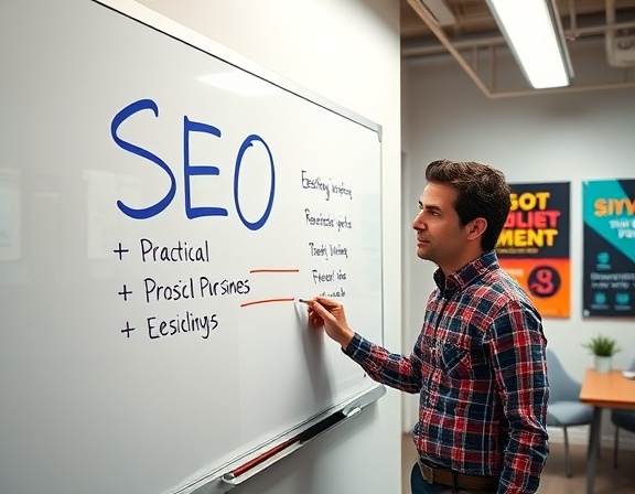practical SEO tips, curious, writing on a whiteboard, photorealistic, modern office environment with motivational posters, highly detailed, light reflections, 8K resolution, vibrant colors, fluorescent lighting, shot with a 28mm camera lens.