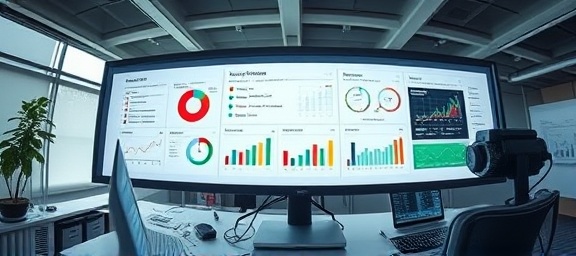 strategic conversion analysis, focused, comparing multi-source inputs, photorealistic, on an ultra-wide desktop display in a high-tech office, highly detailed, with animated pie charts and graphs, subtle gradients, neutral daylight illumination, shot with a fisheye lens.