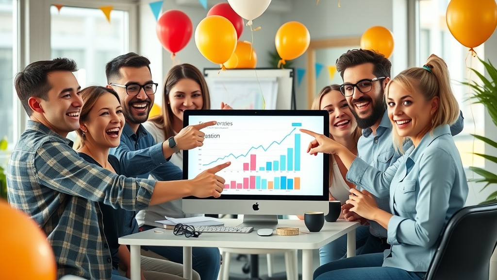 small business team celebrating growth after implementing a content marketing strategy focused on blog posts and videos