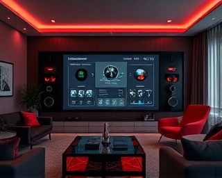 cutting-edge assistant dashboard, sophisticated, monitoring home automation, photorealistic, contemporary living room with a large control panel, highly detailed, interactive widgets and sliders, 10K clarity, monochrome with red accents, low-light conditions, shot with a telephoto lens