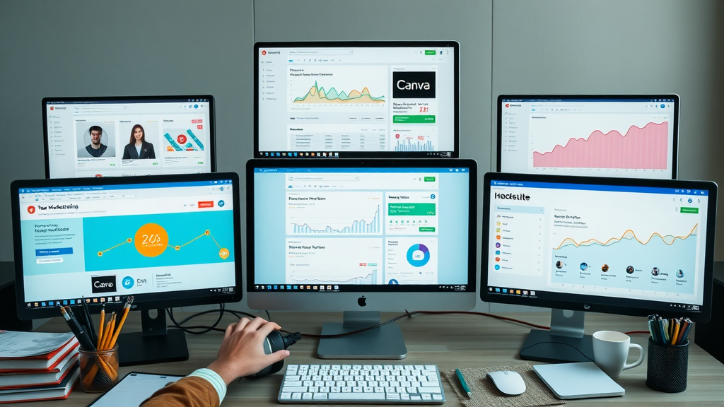 Small business digital marketing tools dashboards: Mailchimp, Canva, Hootsuite, Google Analytics
