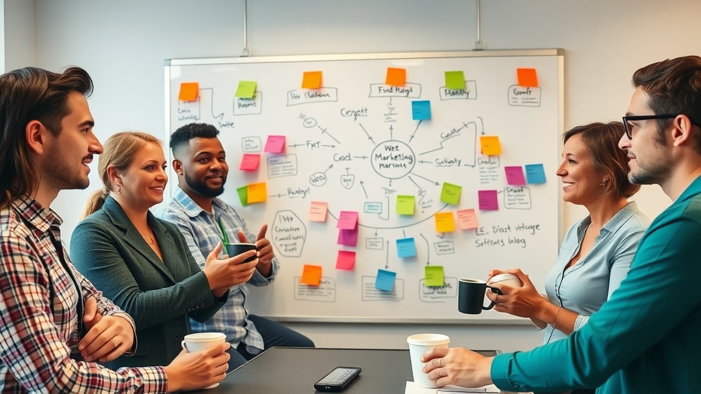 diverse marketing team brainstorming new content marketing ideas with colorful mind maps on a whiteboard
