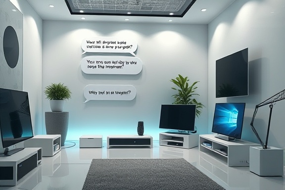 intuitive assistant chatbot, engaging, responding to user queries, photorealistic, minimalistic room with sleek gadgets and smart devices, highly detailed, animated speech bubbles and text, HDR imaging, white and teal, soft focus light, shot with a macro lens