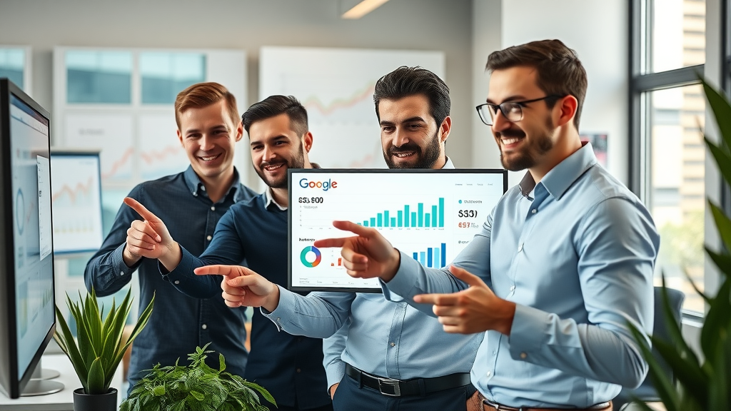 SEO strategies for small business blogs: Dynamic small business team analyzing digital SEO graphs and website ranking data, modern office environment
