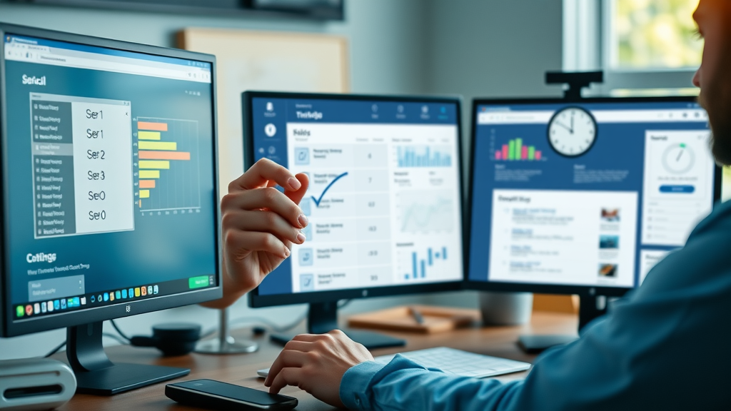 Small business seo checklist: Marketer crossing off SEO items at workstation with audit tools