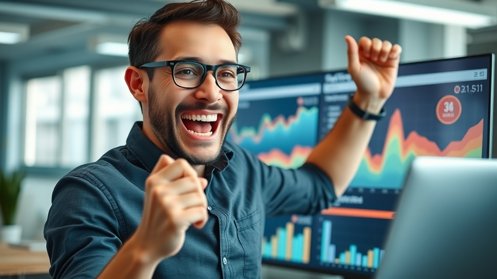 Energetic entrepreneur celebrating increased website traffic from a blog, benefits of blogging